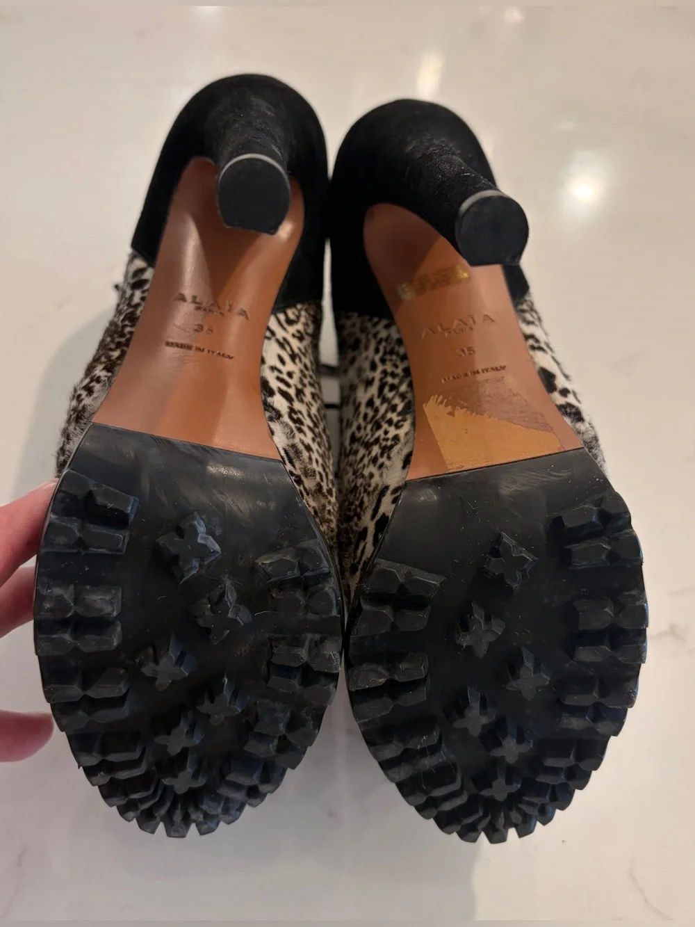 ALAIA Black/White Leopard Print Calf Hair And Suede High Heeled Platform Shoes